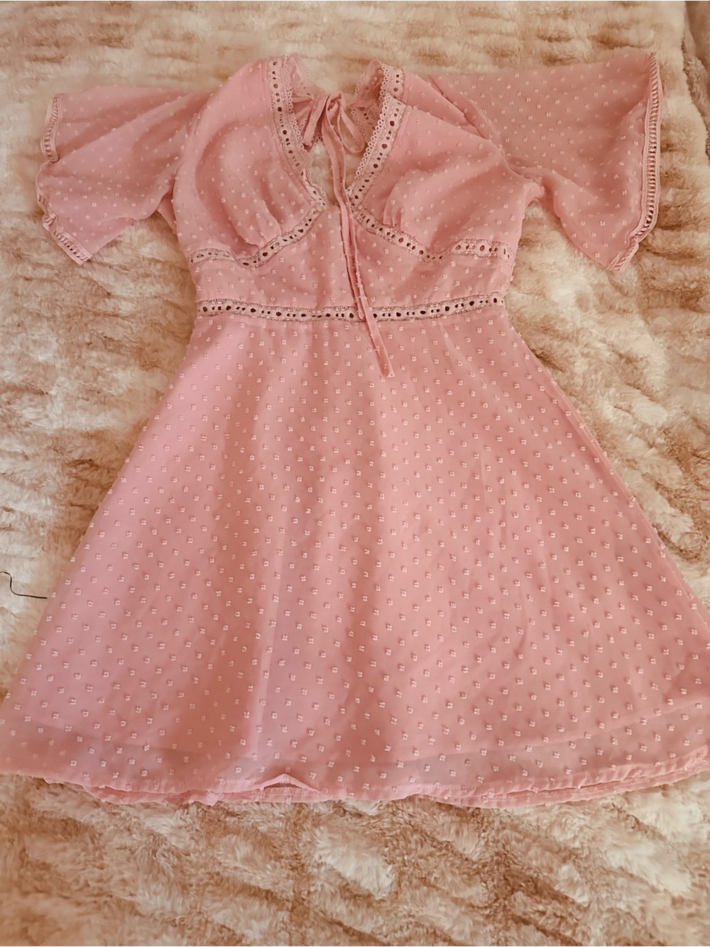 SHEIN Pink Swiss Dot Lace-Trim Fit & Flare Mini Dress